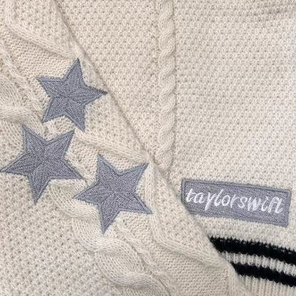 Folklore Cardigan Star Embroidered Merch Oversized Cute Hand Knitted Holiday Botton Up Sweater