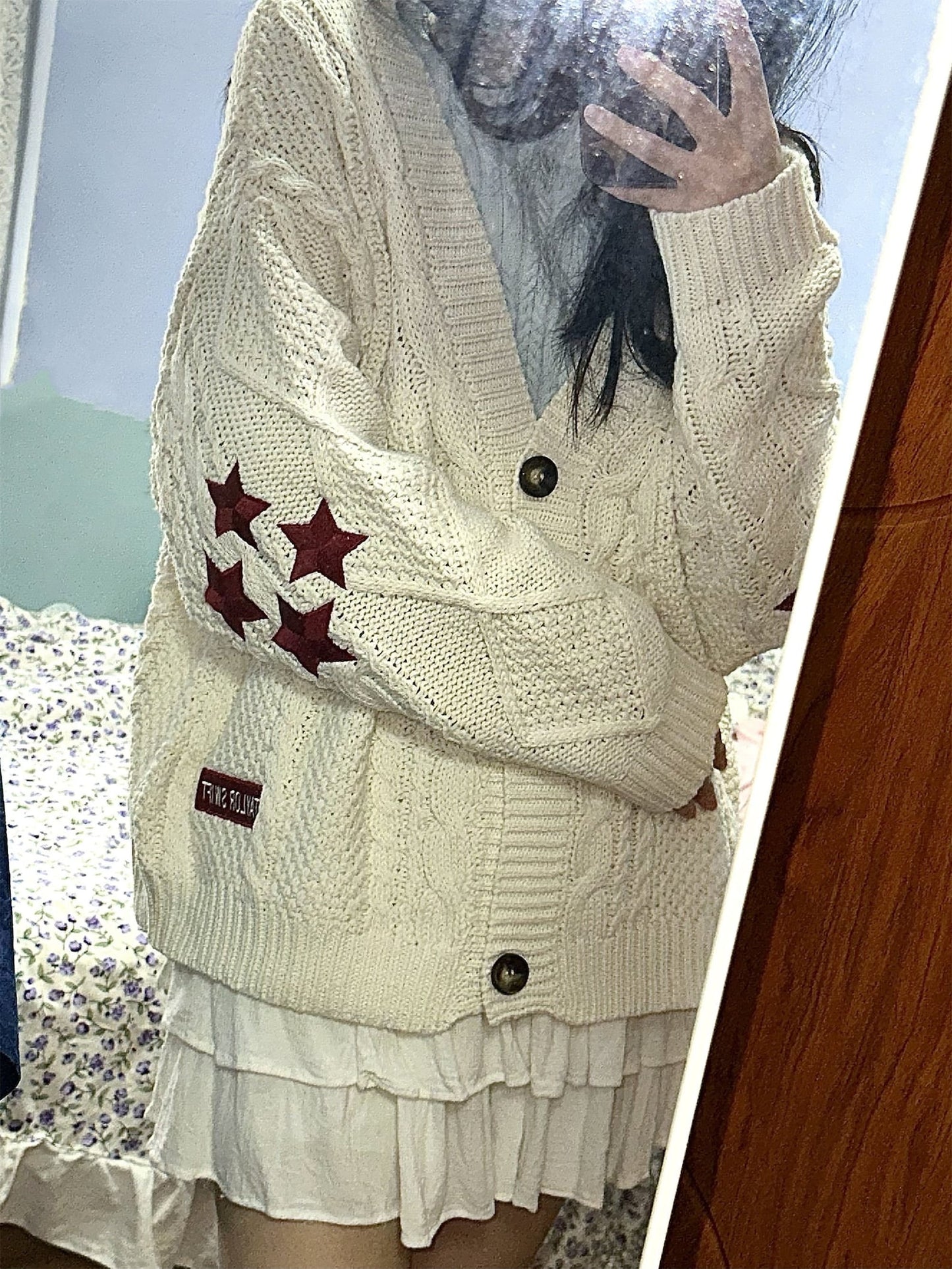 Folklore Cardigan Star Embroidered Merch Oversized Cute Hand Knitted Holiday Botton Up Sweater