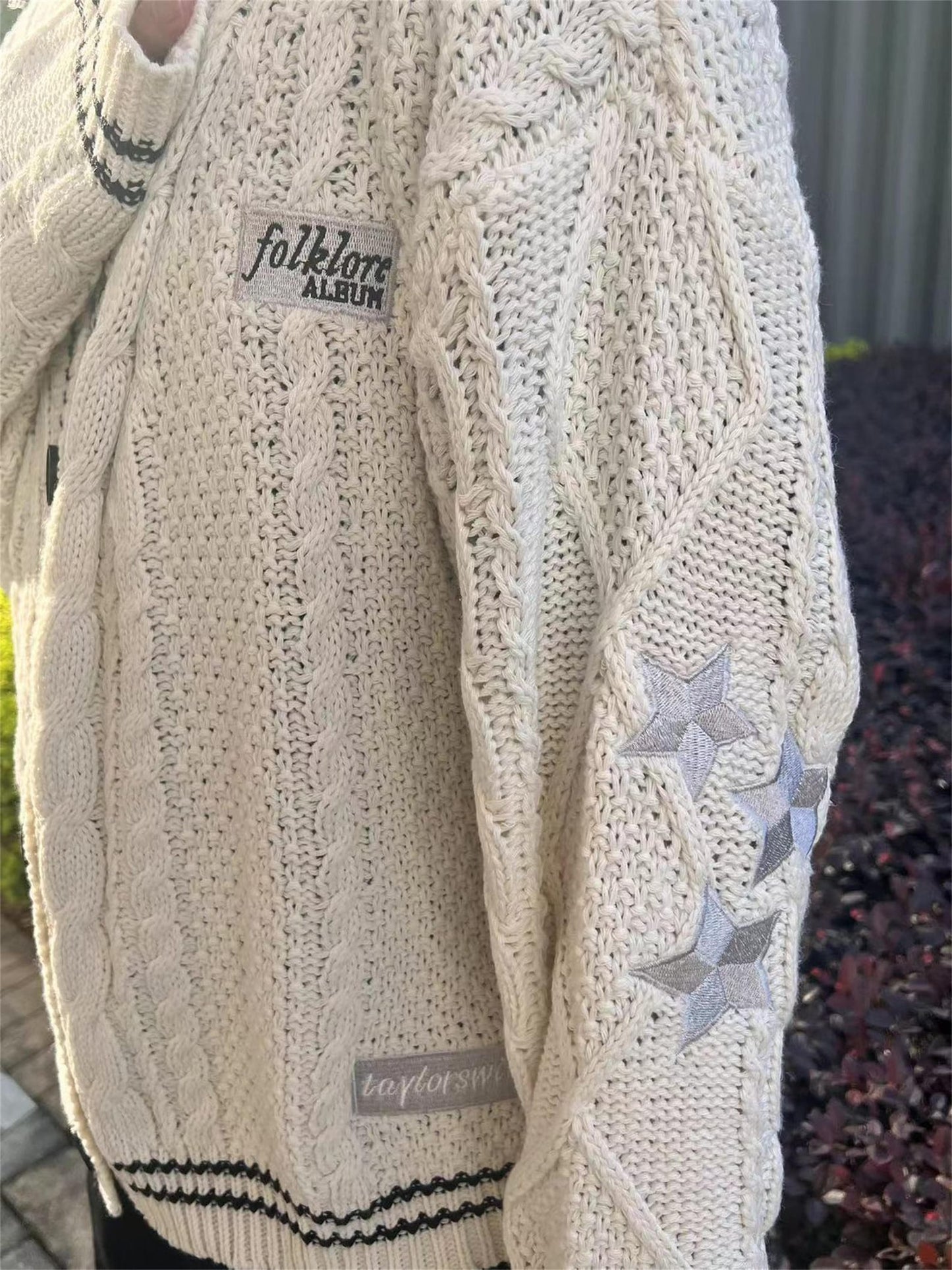 Folklore Cardigan Star Embroidered Merch Oversized Cute Hand Knitted Holiday Botton Up Sweater