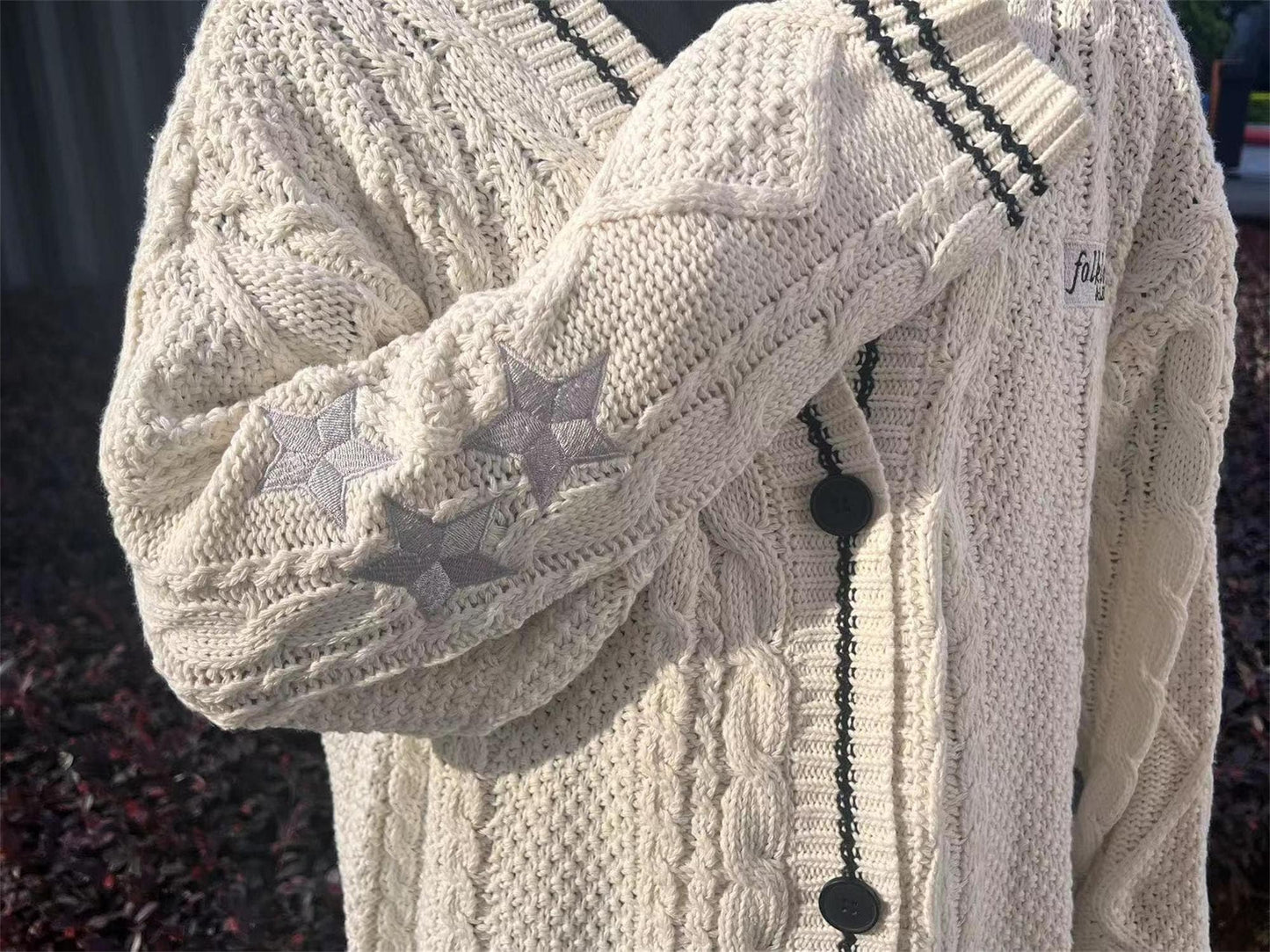 Folklore Cardigan Star Embroidered Merch Oversized Cute Hand Knitted Holiday Botton Up Sweater